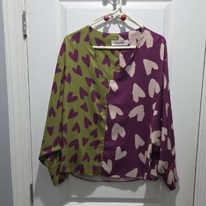 Silky Heart Print Blouse - Purple and Green